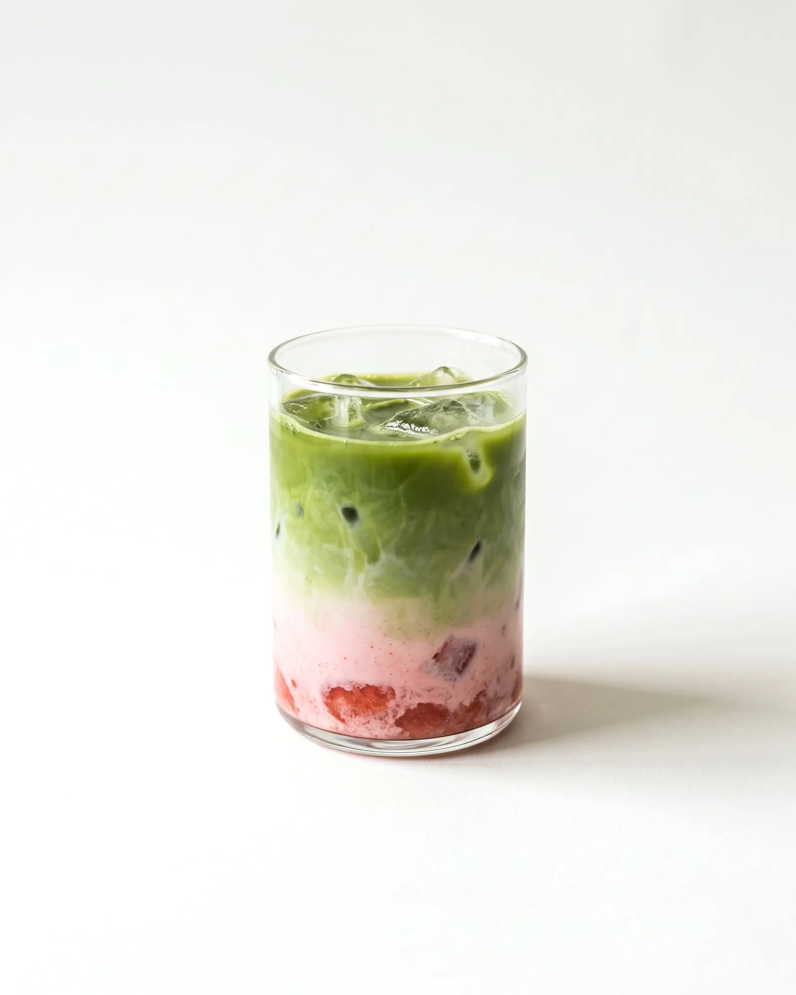 Iced strawberry matcha en vaso de vidrio, con fresa abajo y matcha arriba