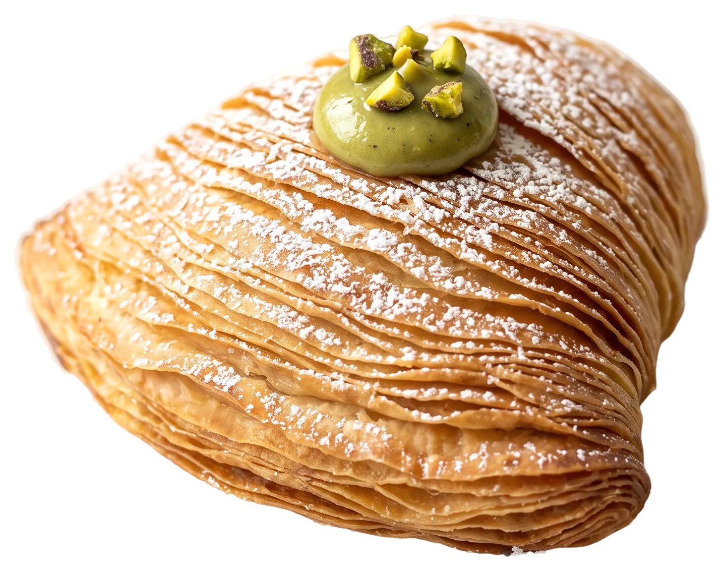 Sfogliatella con crema de pistacho y pistacho picado por encima