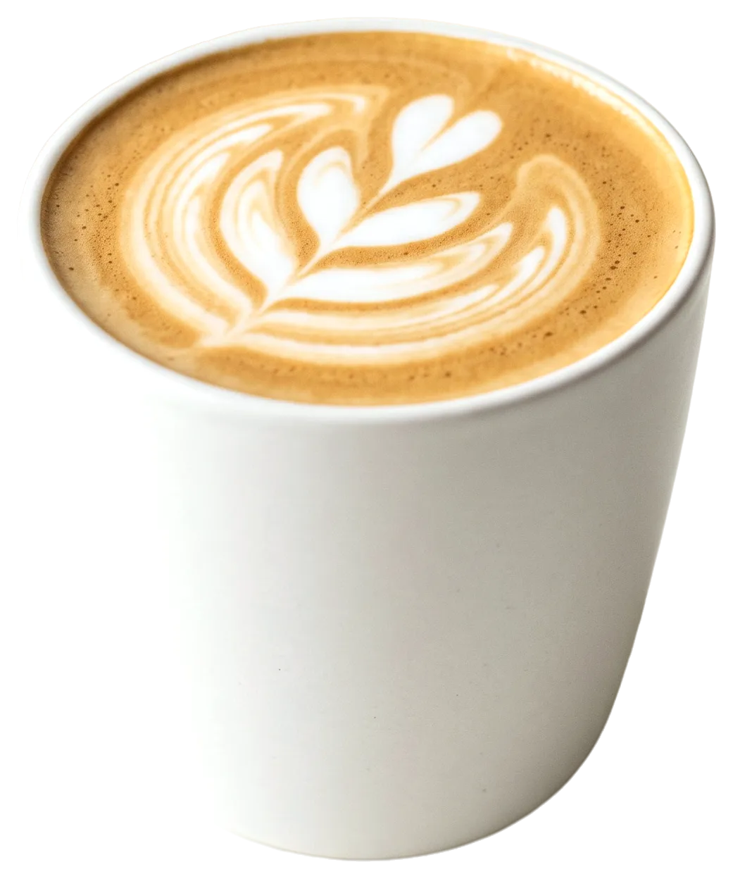 Flat white con latte art en una taza de cerámica blanca