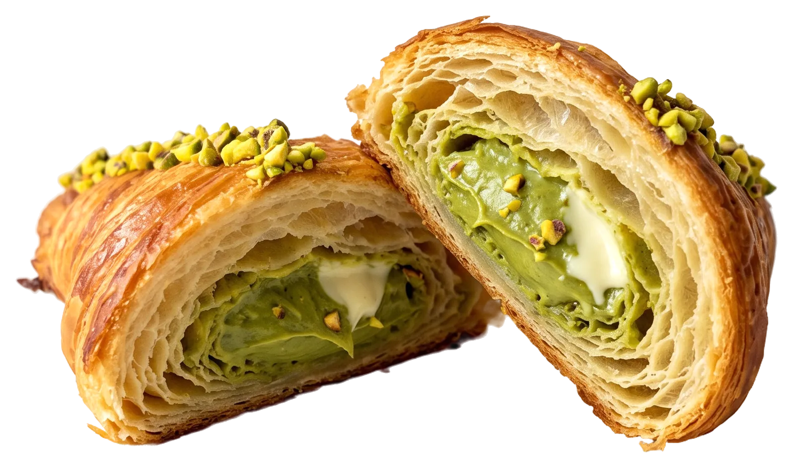 Croissant de mantequilla relleno de pistacho y choco blanco, cortado por la mitad