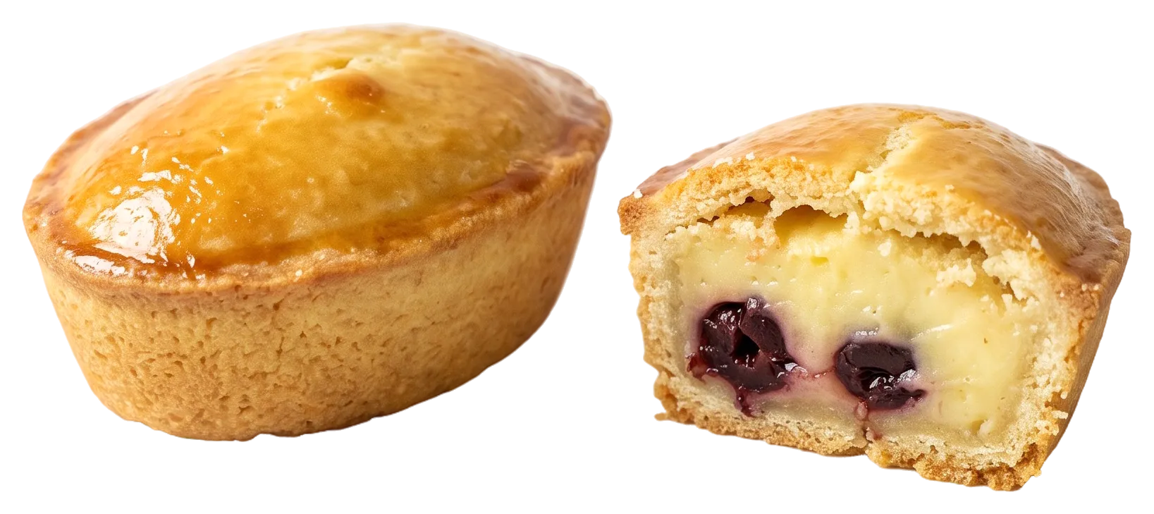 Dos pasticciotti de Lecce, uno abierto con crema pastelera y amarenas